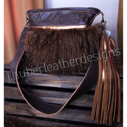 Tibetan Lamb Shoulder Bag-Brown and Bronze leather