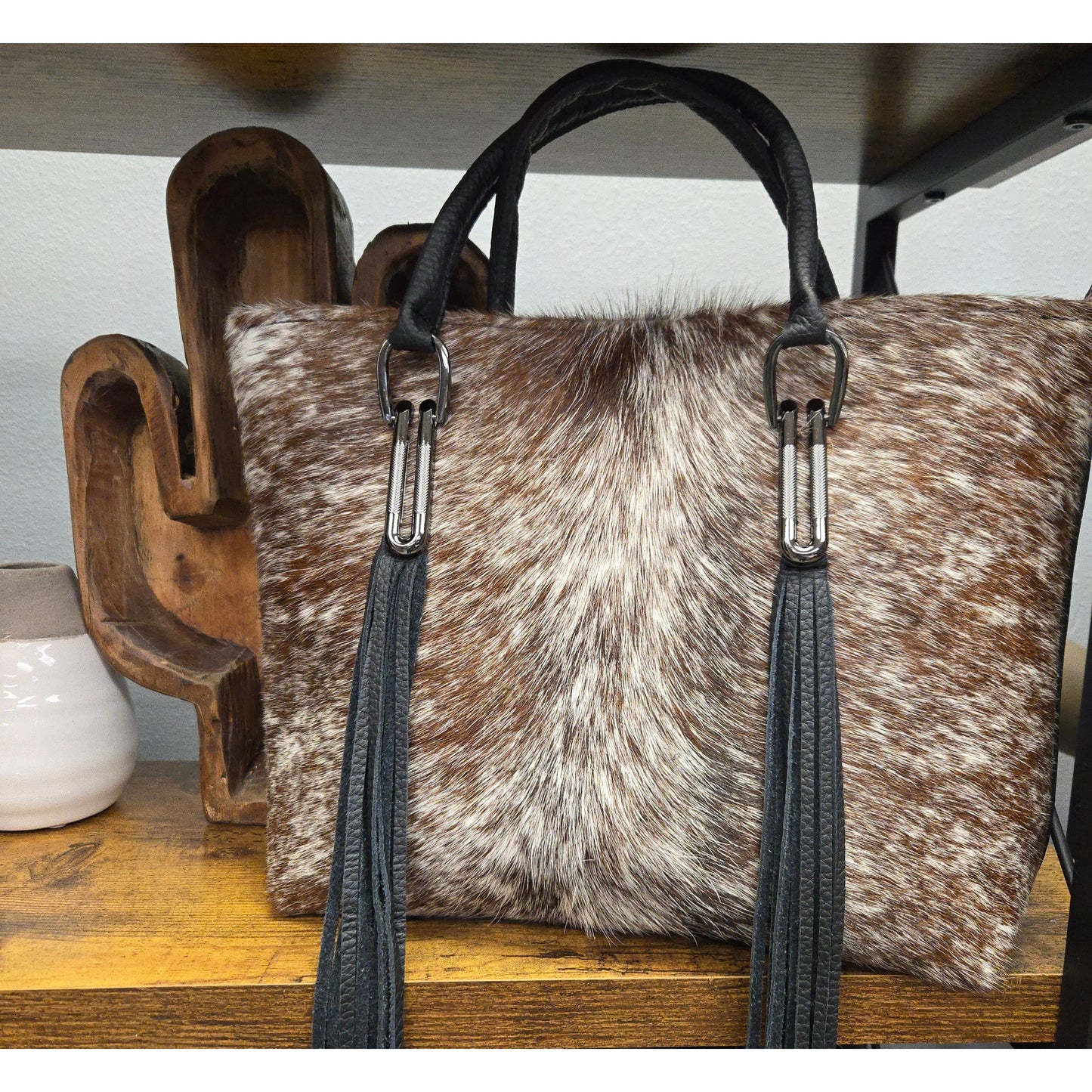 Classic Hair-on-Hide Leather Tote with Black Accents