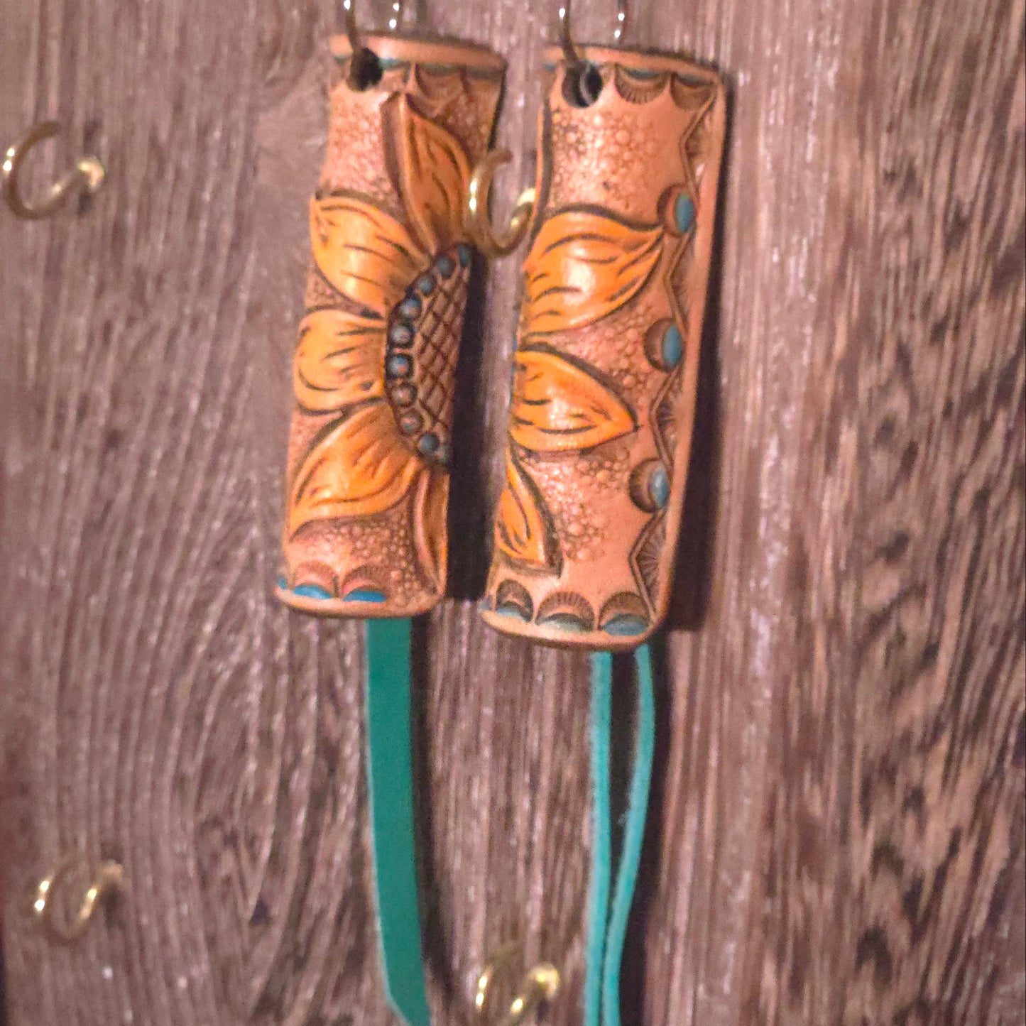 Leather Earring - Curved Sunflower with fringe