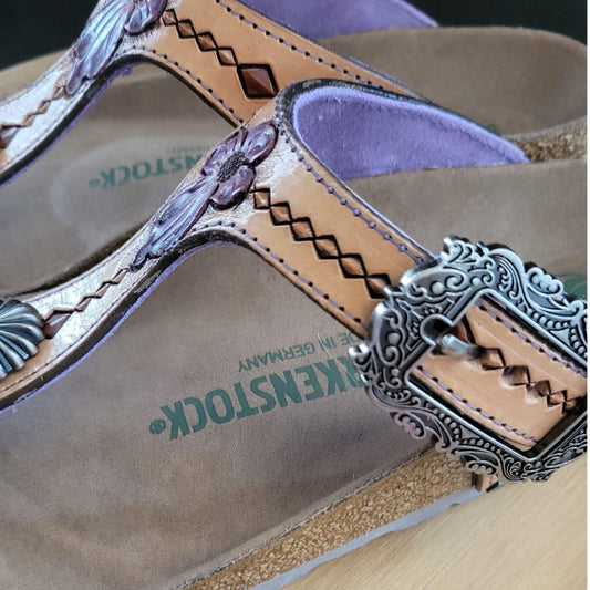 Handtooled Birks, purple flowers - j.huber leather designs