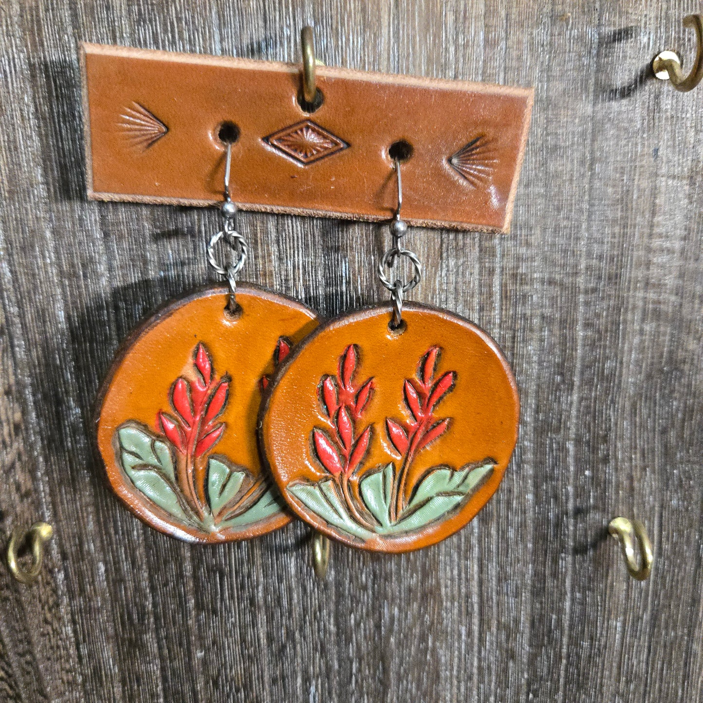 Leather Earring - round Indian Paintbrush