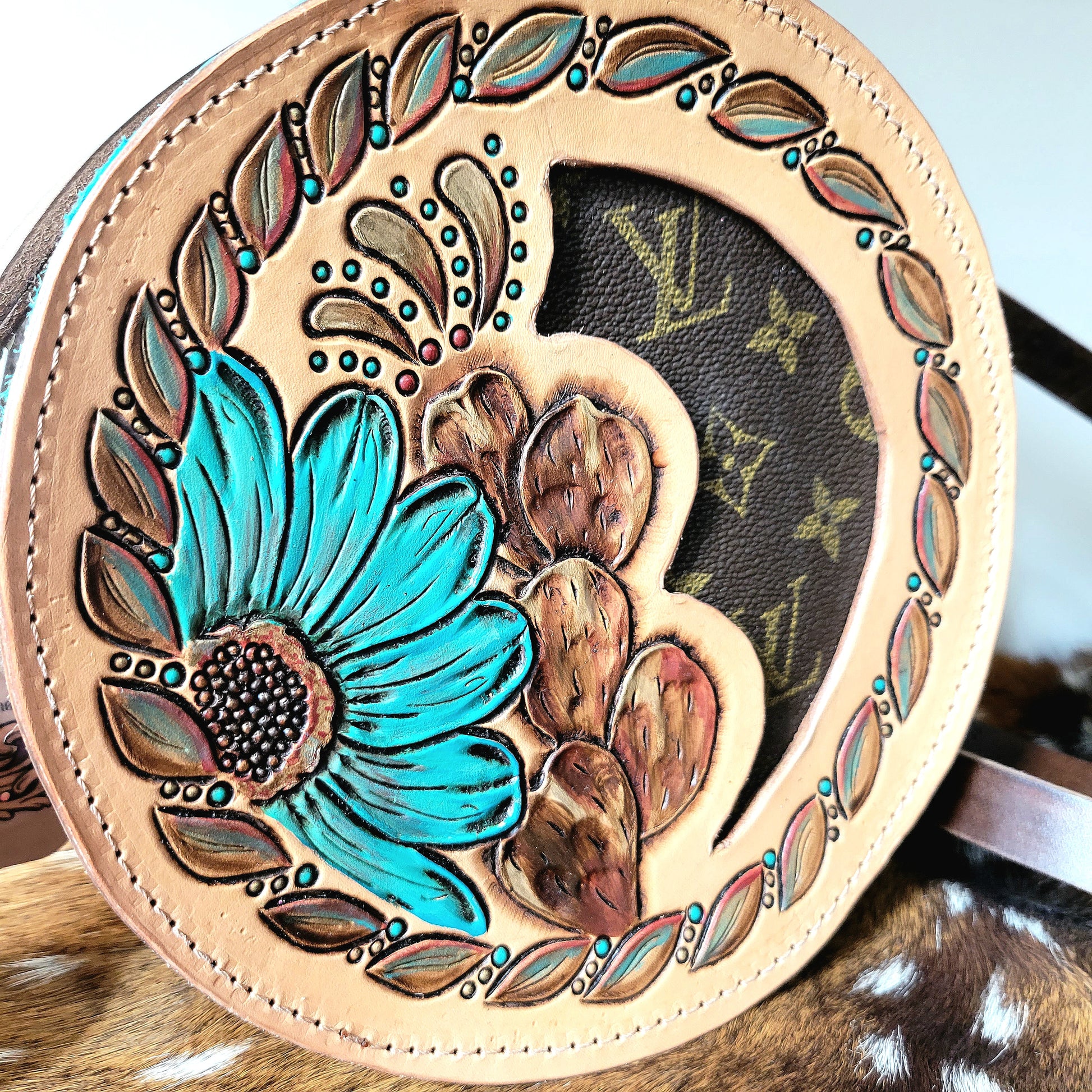 119J cactus canteen bag with repurposed LV inlay, adjustable strap, and tooled geometric back
