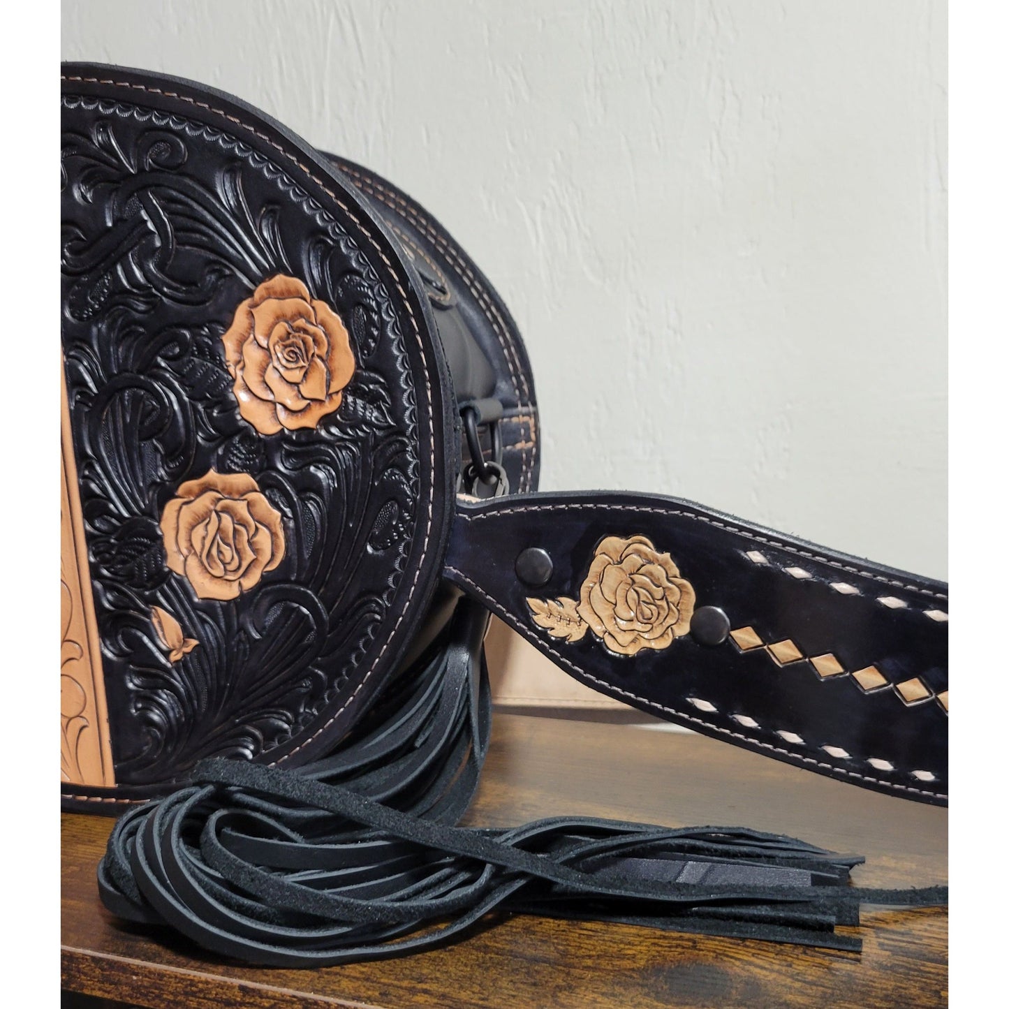 127J Midnight Rose Tooled leather Round Bag