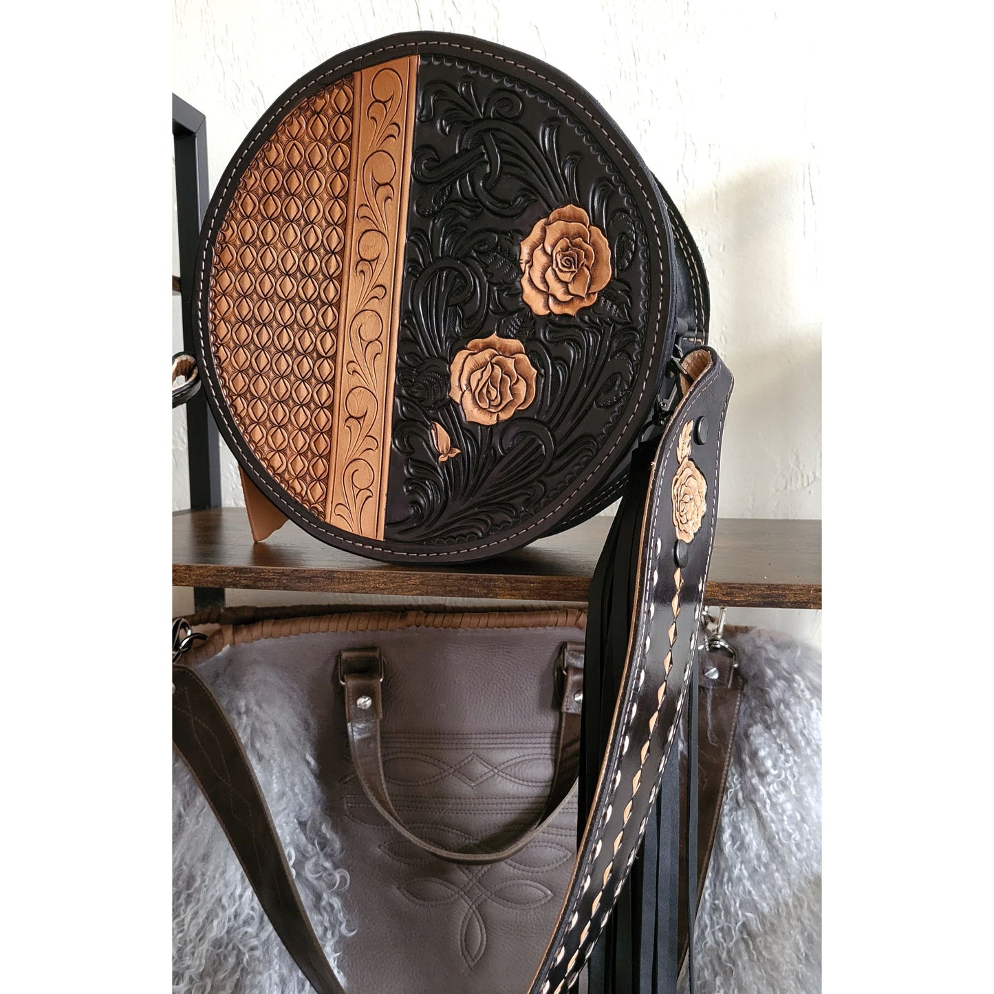 127J Midnight Rose Tooled leather Round Bag