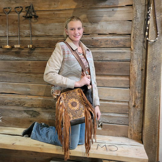 Tooled Sunflower with Metallic strap and Fringe, handset rhinestones and spots, CC pocket - j.huber leather designs