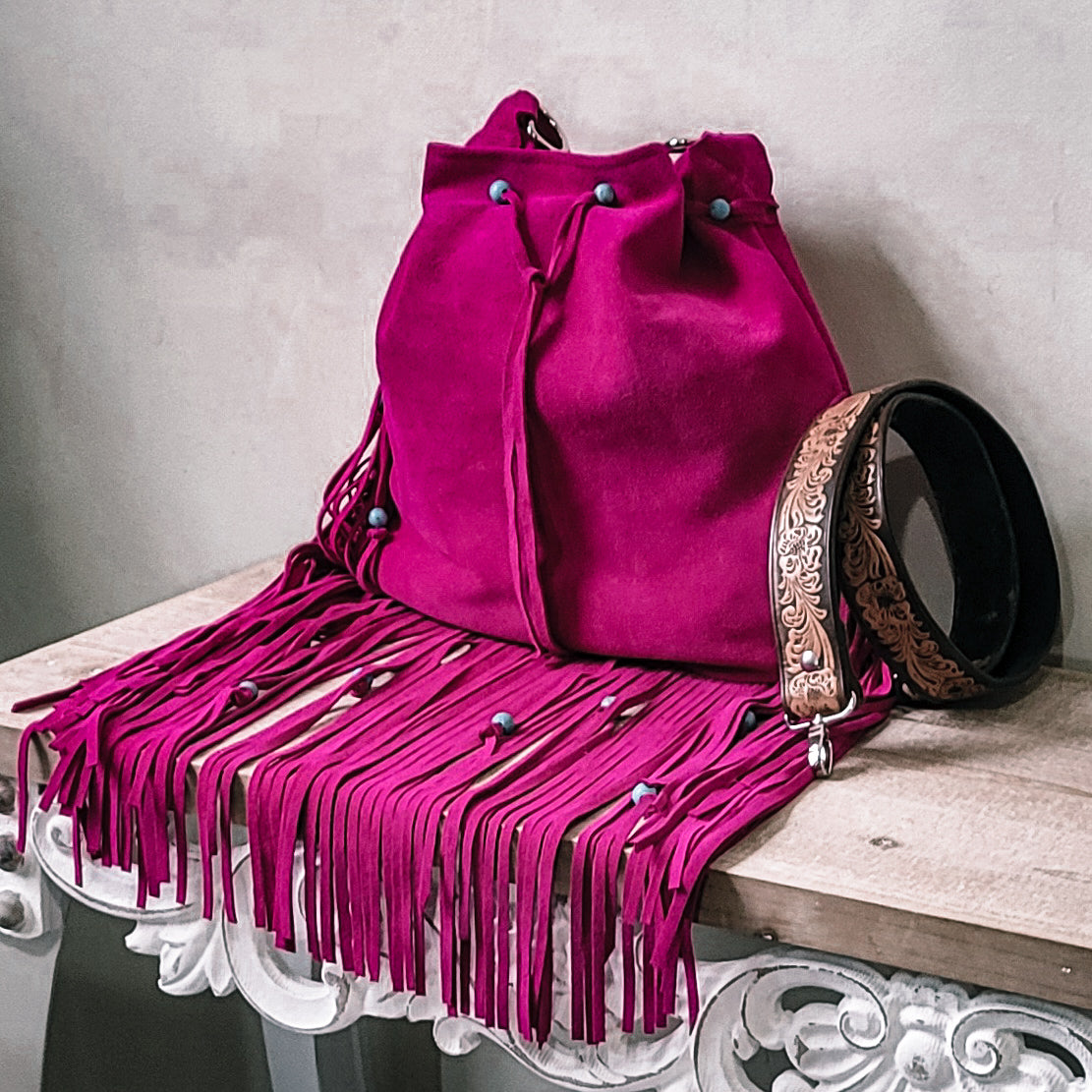 Bold and Beautiful fuchsia suede western fringe bag with turquoise bead accents and tooled adjustable strap that is a custom add on