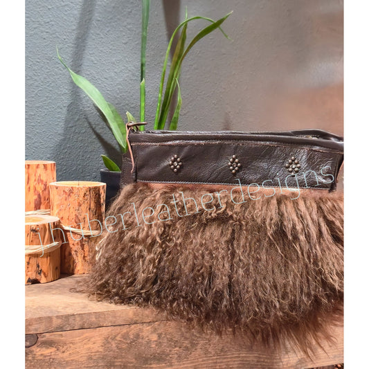 Tibetan Lamb Shoulder Bag-Brown and Bronze leather
