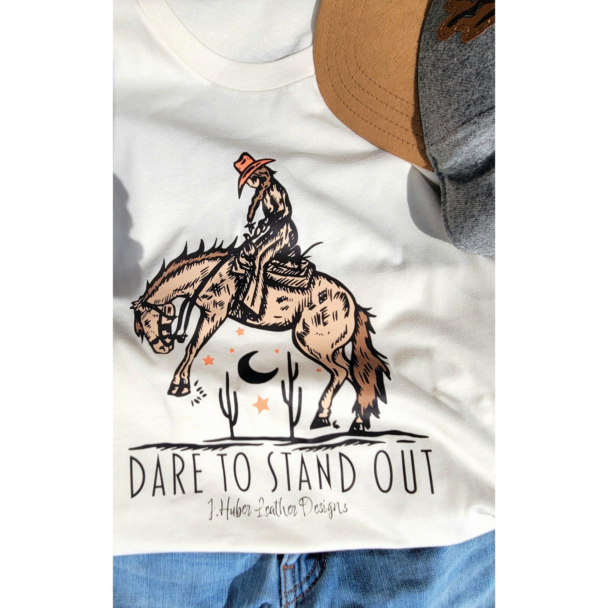 'Dare to Stand Out' t-shirt close up view- j.huber leather designs