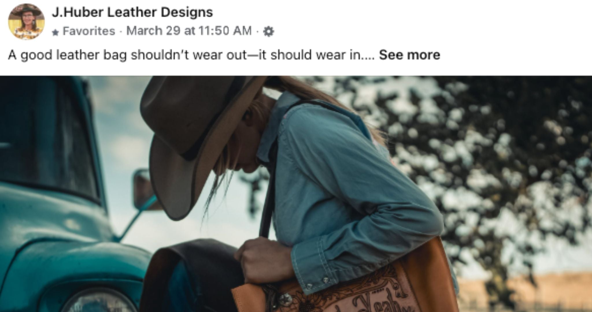 Person wearing a cowboy hat and holding a leather bag with a blurred background from facebook post