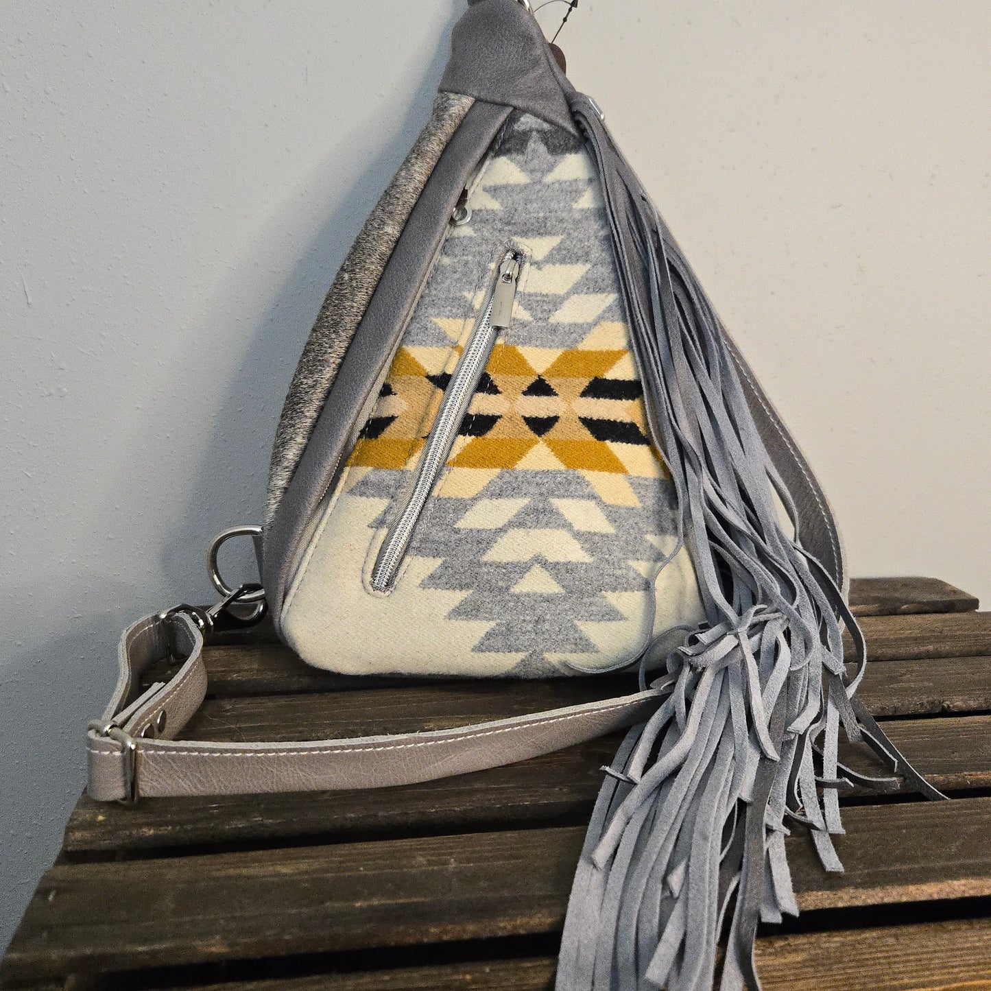 Grey Leather and Wool sling