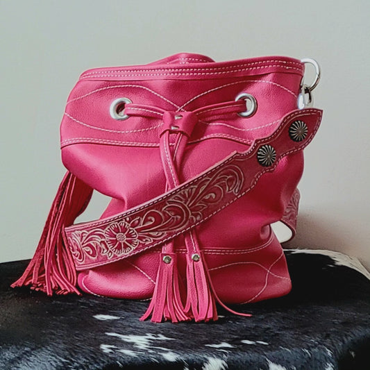 Bucket style bag with handtooled belt strap - j.huber leather designs