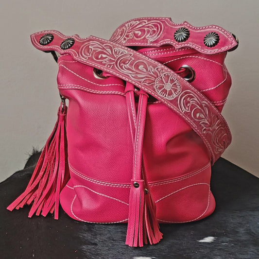 Bucket style bag with handtooled belt strap - j.huber leather designs