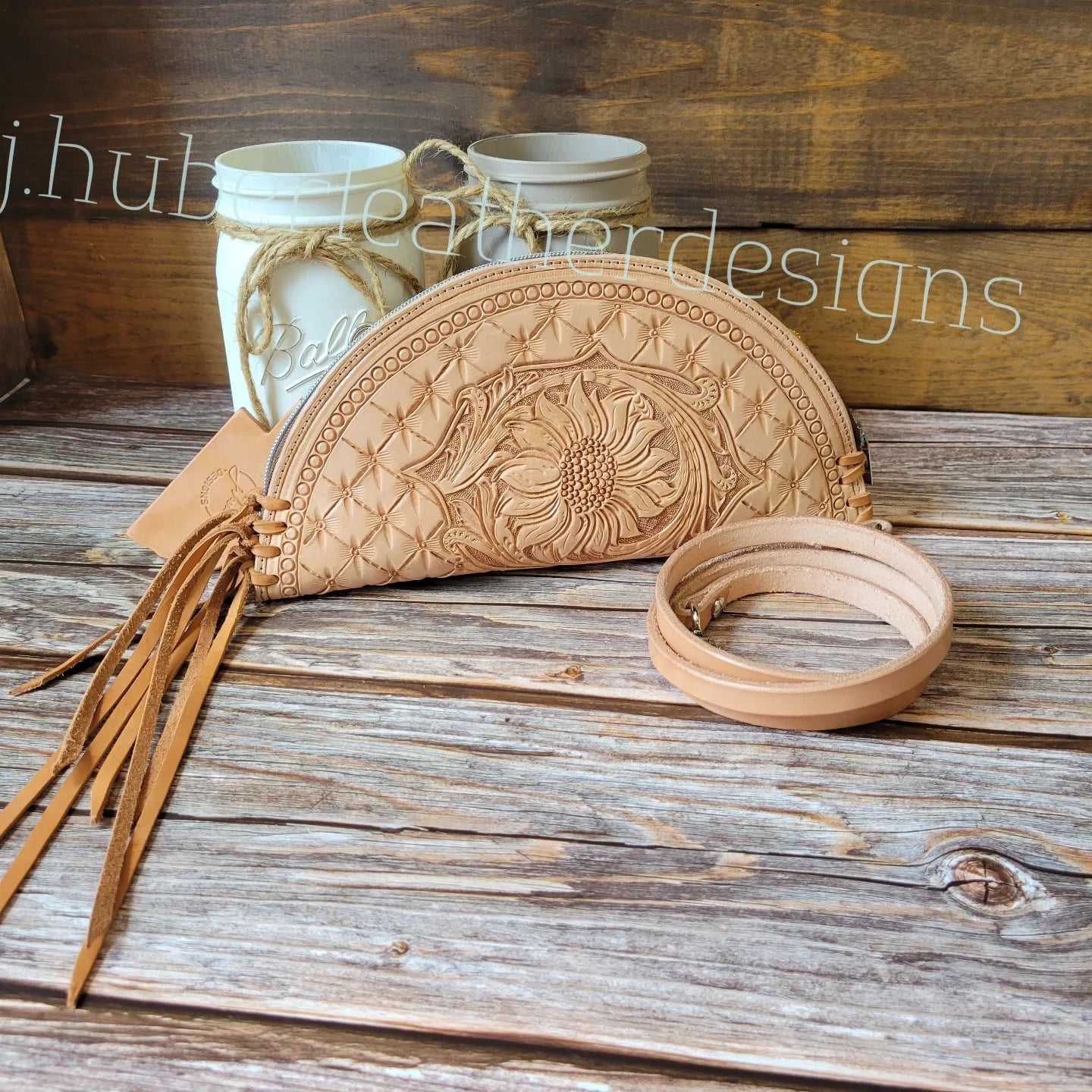 Mini Sunflower hand tooled veg tan leather clutch crossbody with removable strap