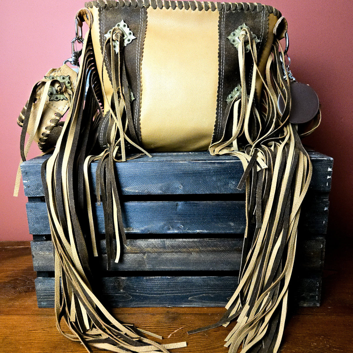 Outrider wheat and chocolate leather western fringe bag