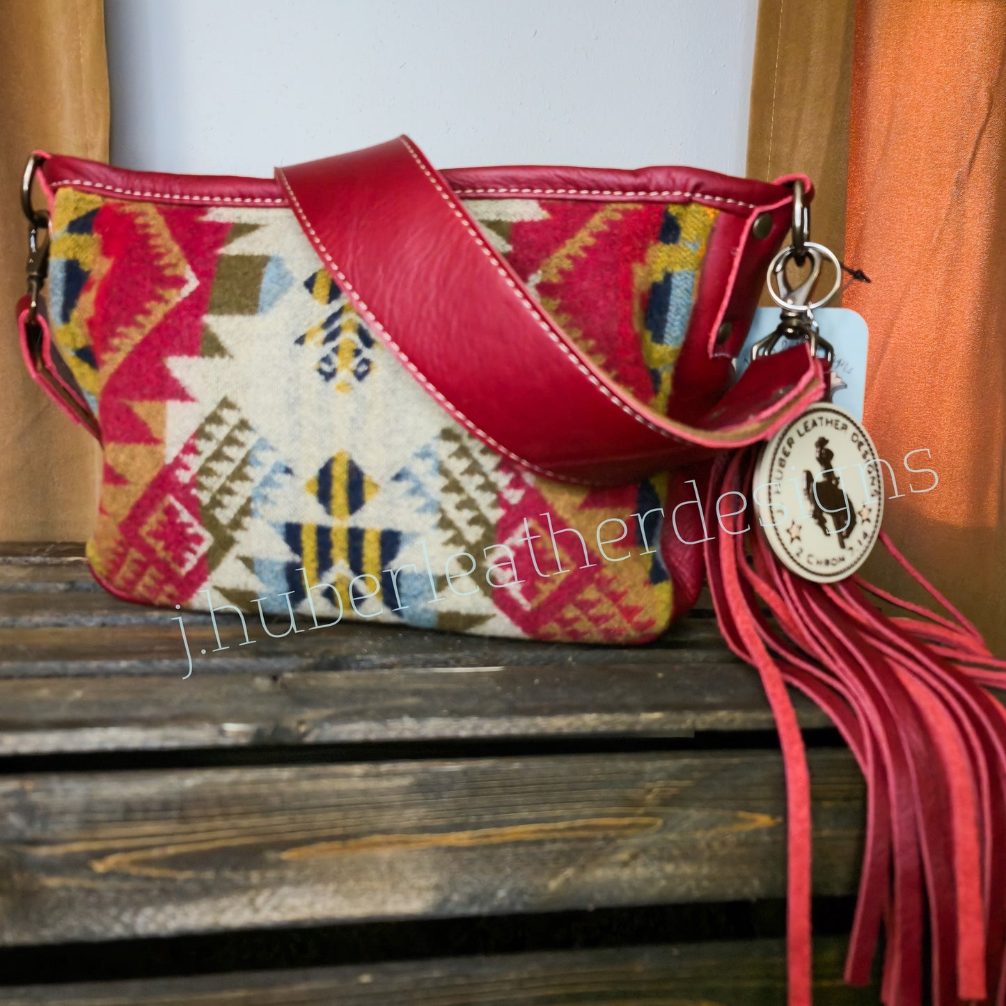 Red leather Southwest Pendleton shoulder bag with fringe tassel