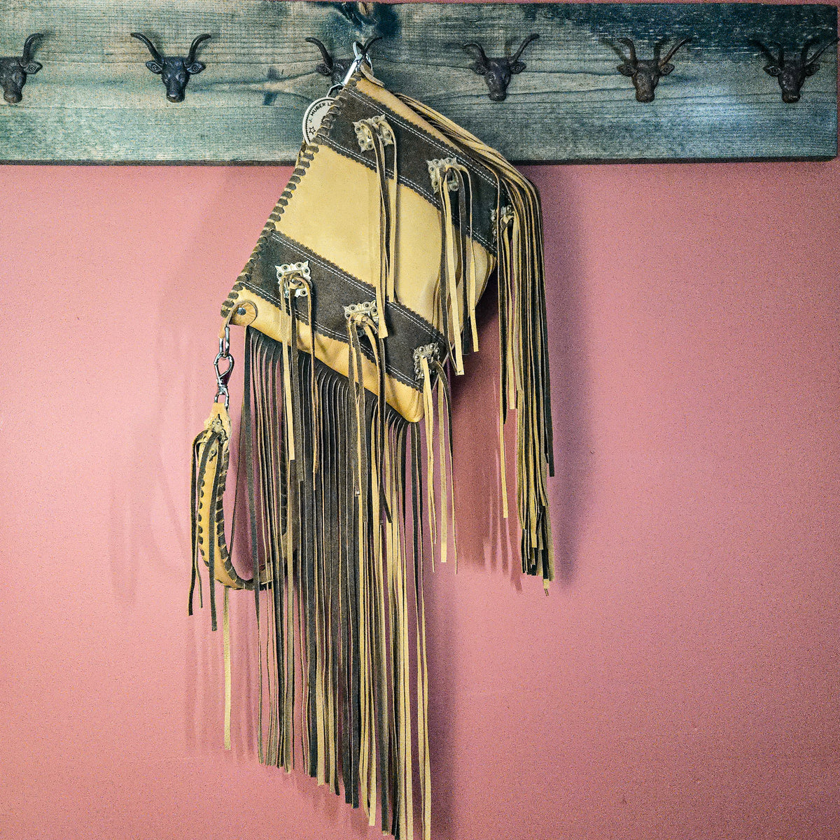 Two-tone western shoulder bag with 18-inch hand-cut leather fringe
