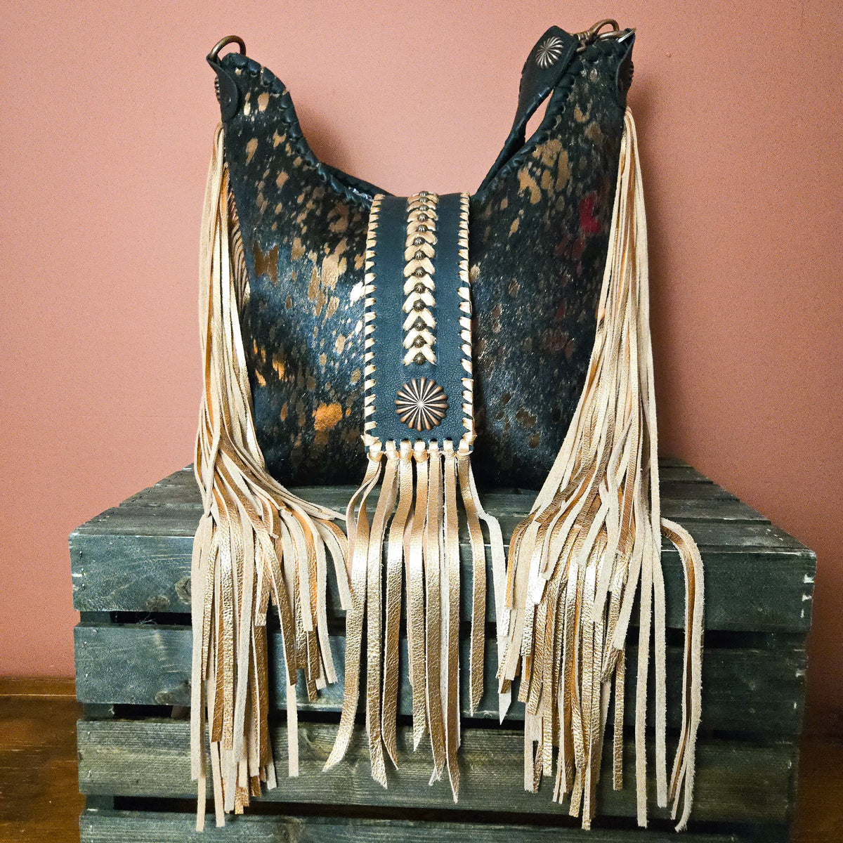 Uptown Cowgirl copper metallic acid-wash hair-on-hide shoulder bag