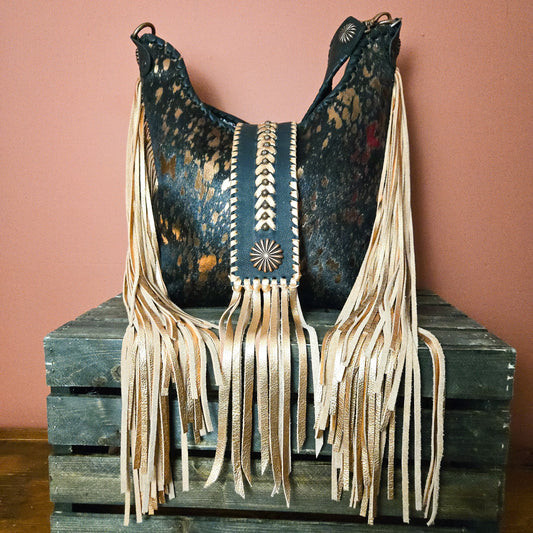 Uptown Cowgirl copper metallic acid-wash hair-on-hide shoulder bag