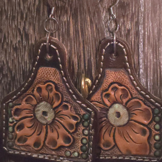 Leather Cowtag Earring - Natural with green spots