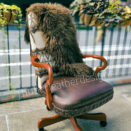 Western leather office chair with a blurred outdoor background