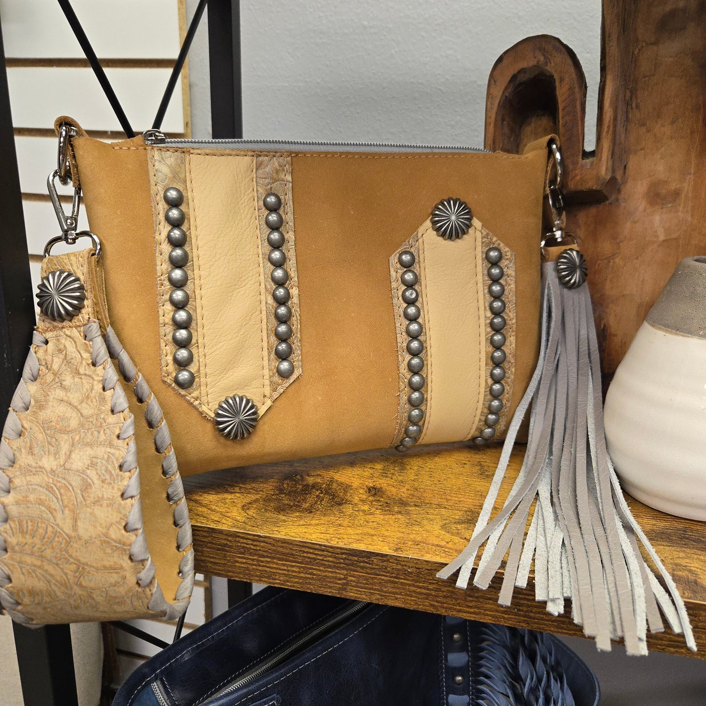 Caramel and Grey Studded Wristlet