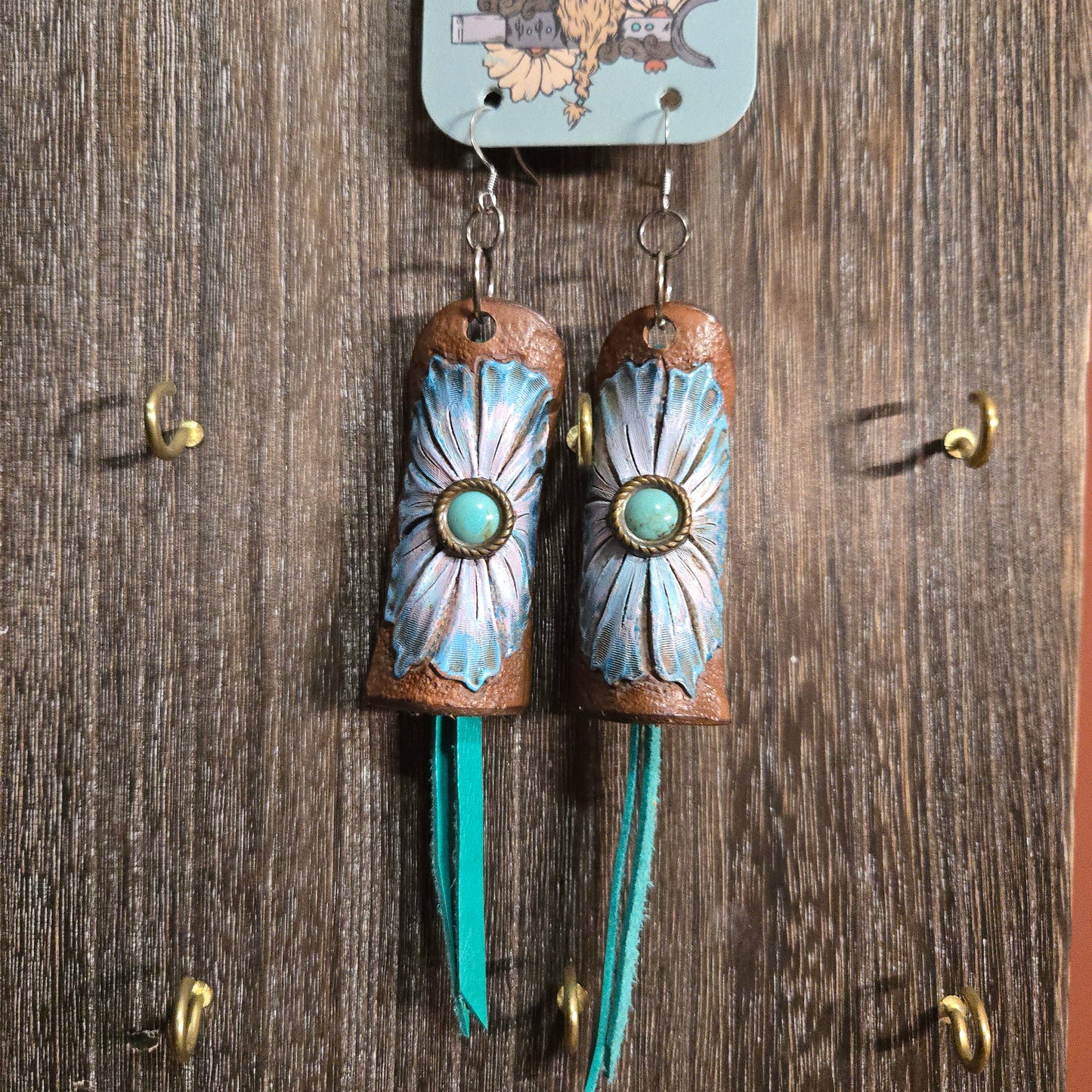 Leather  Earring - Curved Blue flower with fringe