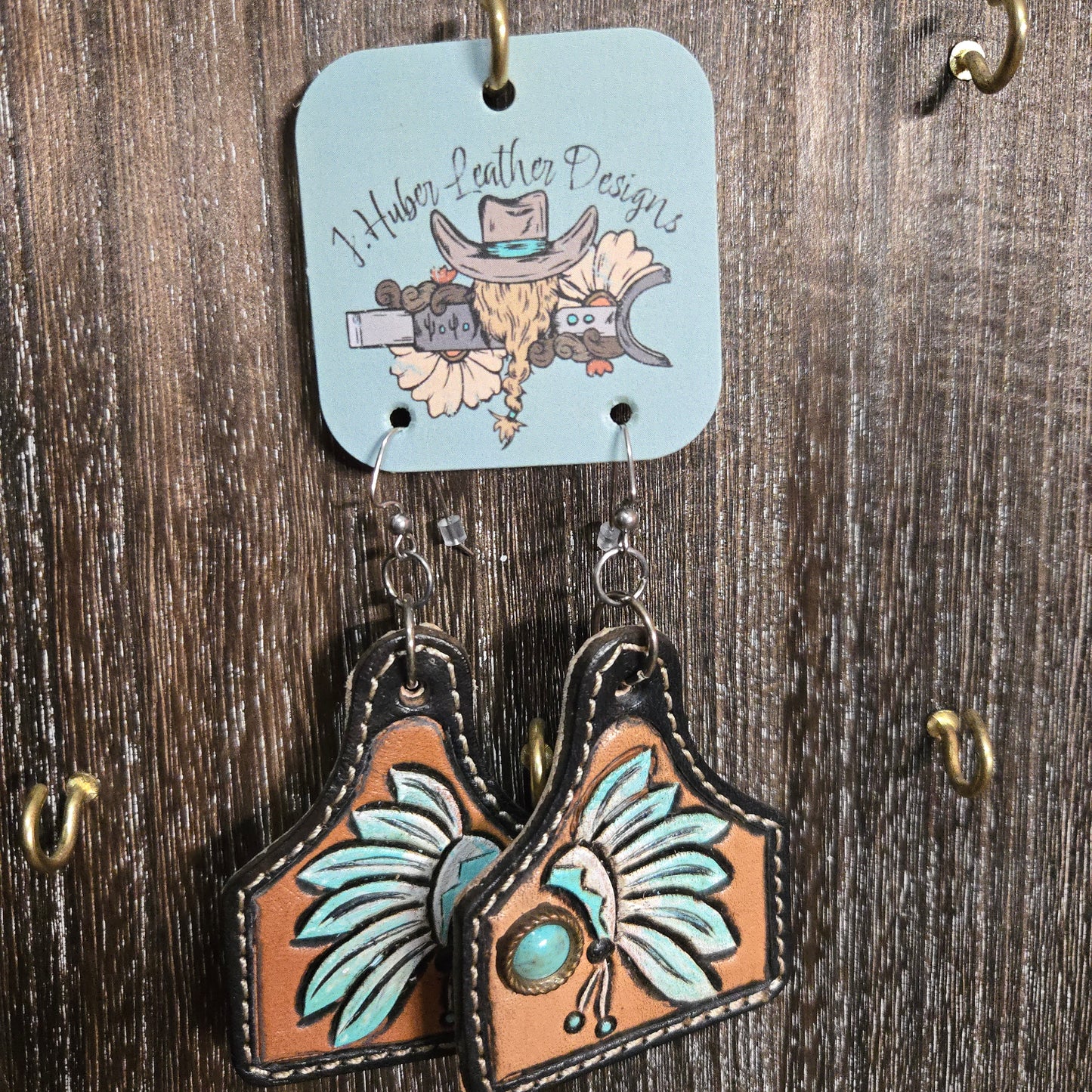 Leather Cowtag Earring - Feather Headress
