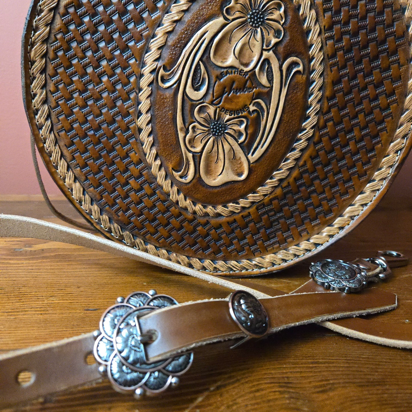 130J - Tooled Floral/Horse Round bag