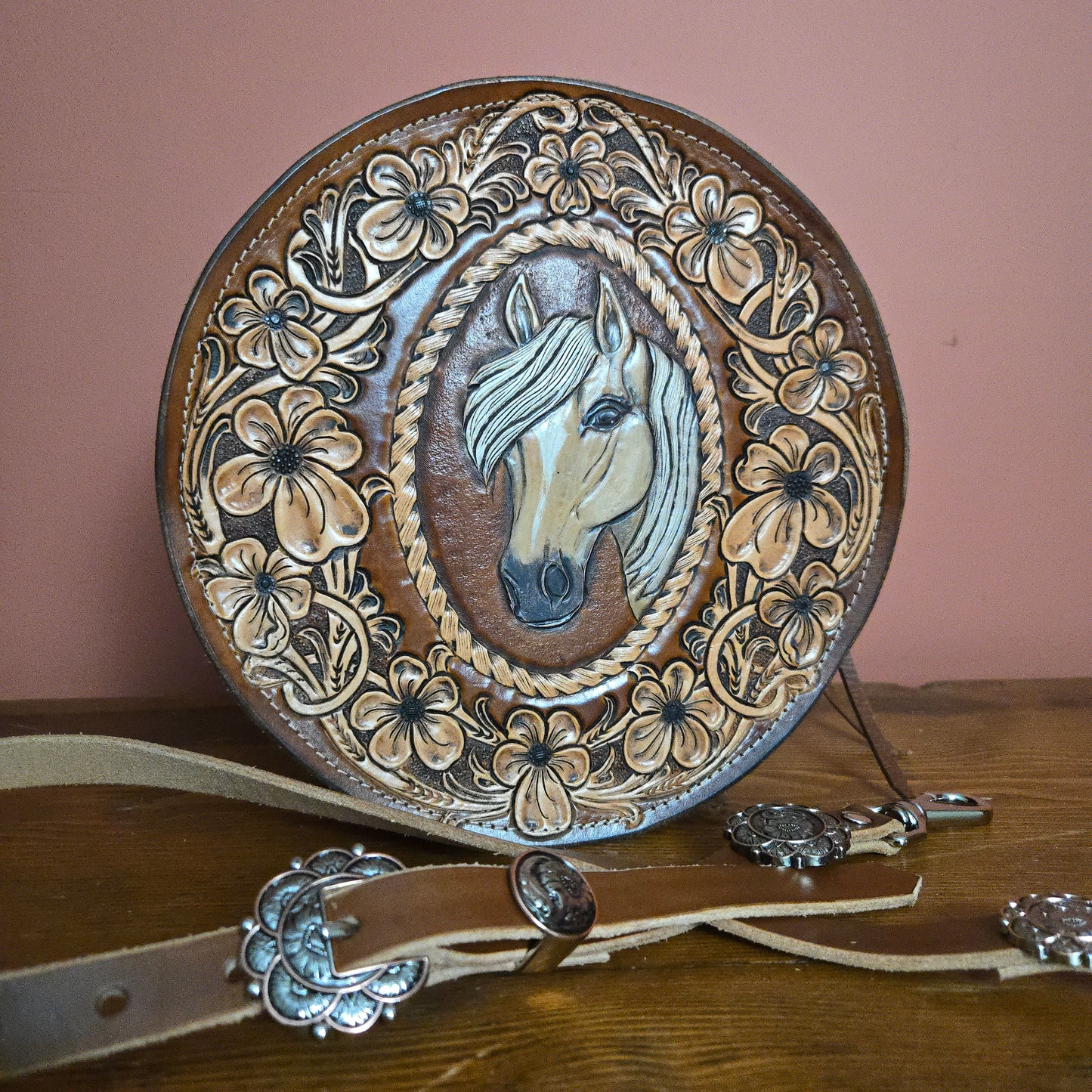 130J - Tooled Floral/Horse Round bag