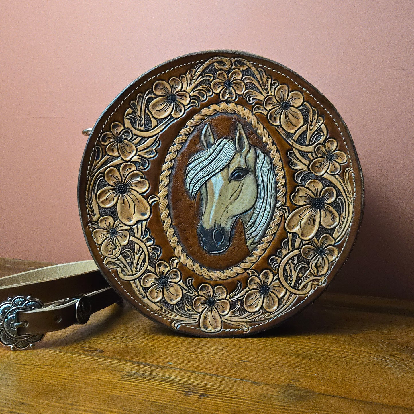 130J - Tooled Floral/Horse Round bag
