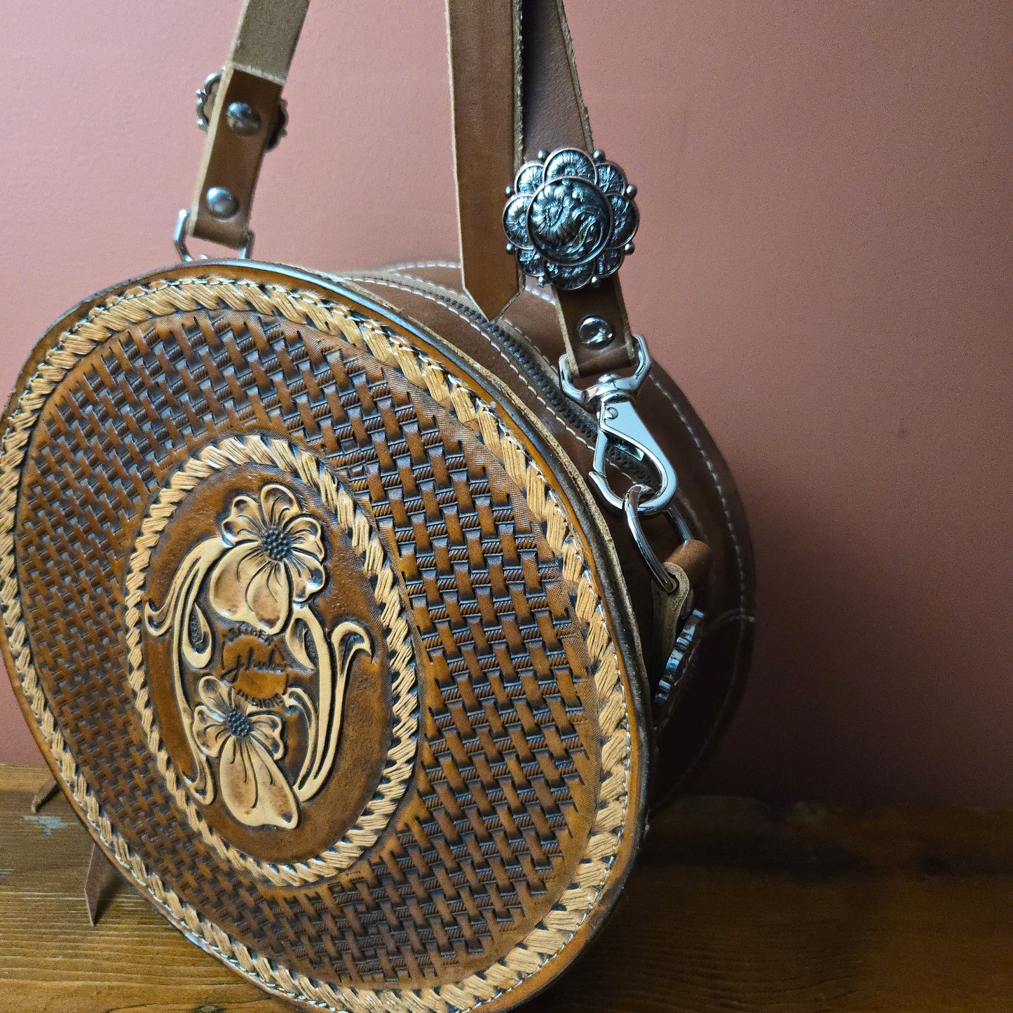130J - Tooled Floral/Horse Round bag