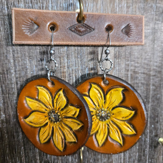 Leather  Earring - Round Sunflower