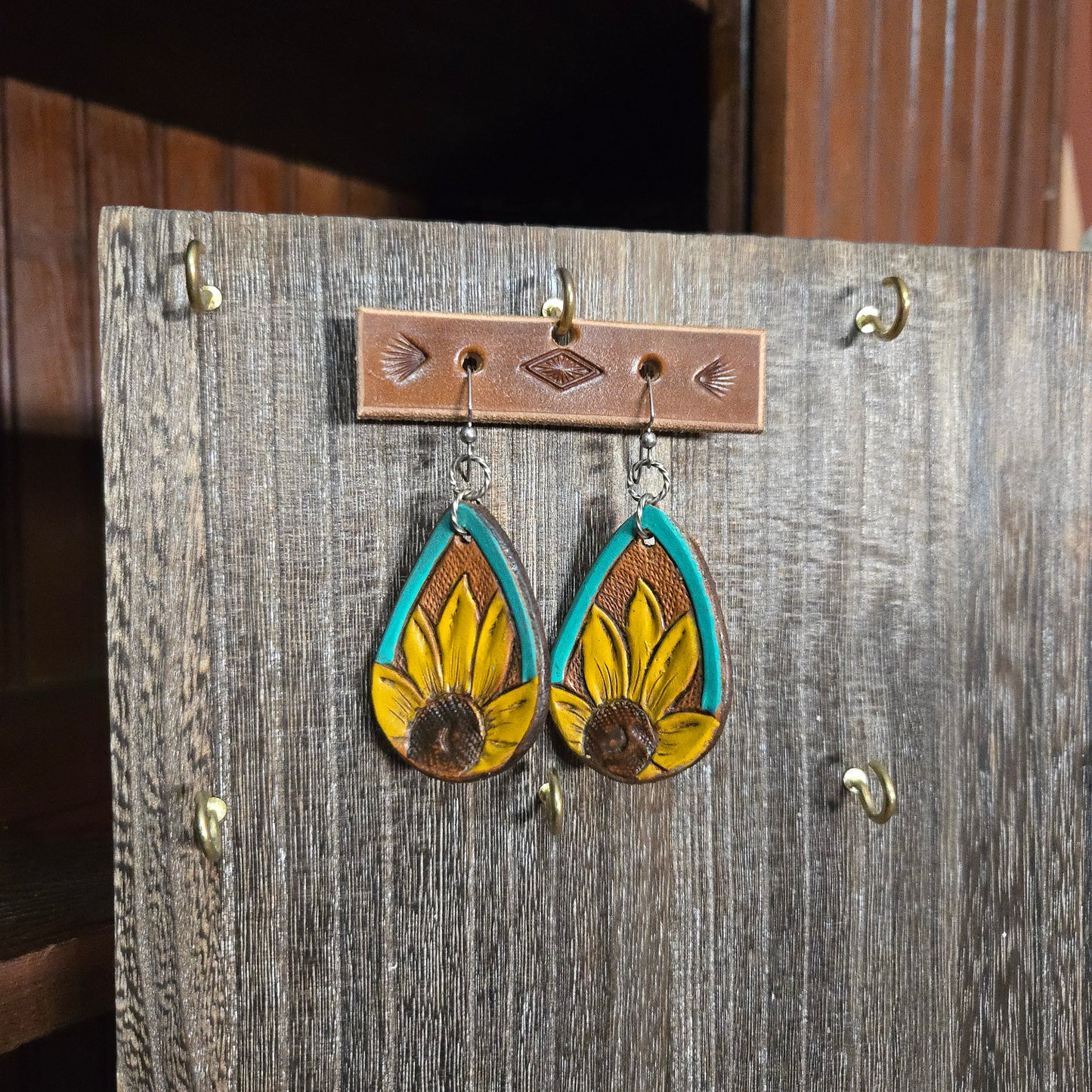Leather  Earring -  Teardrop Sunflower