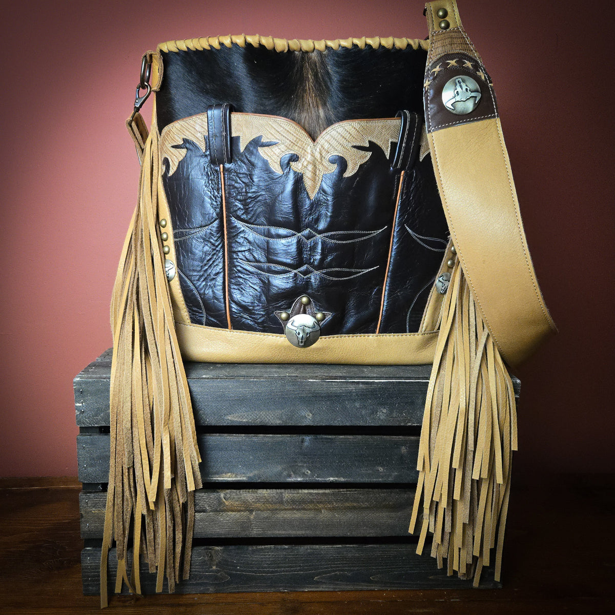 Western fringe shoulder bag made with vintage Tony Lama boot tops