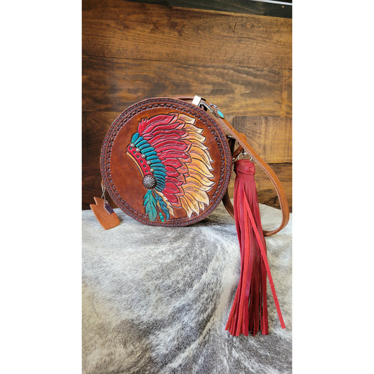 106J  Feather Headdress Round Purse - j.huber leather designs