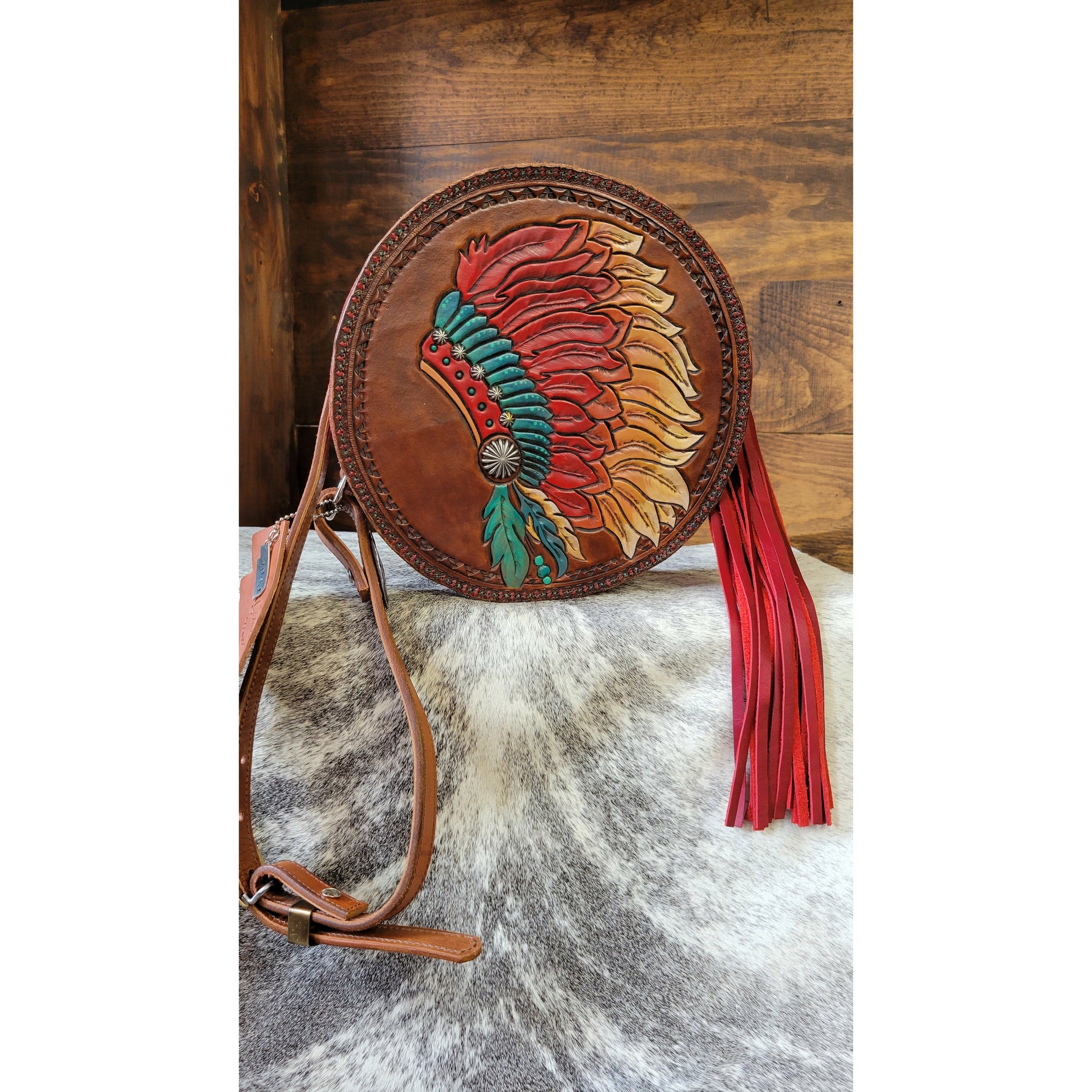 106J  Feather Headdress Round Purse - j.huber leather designs