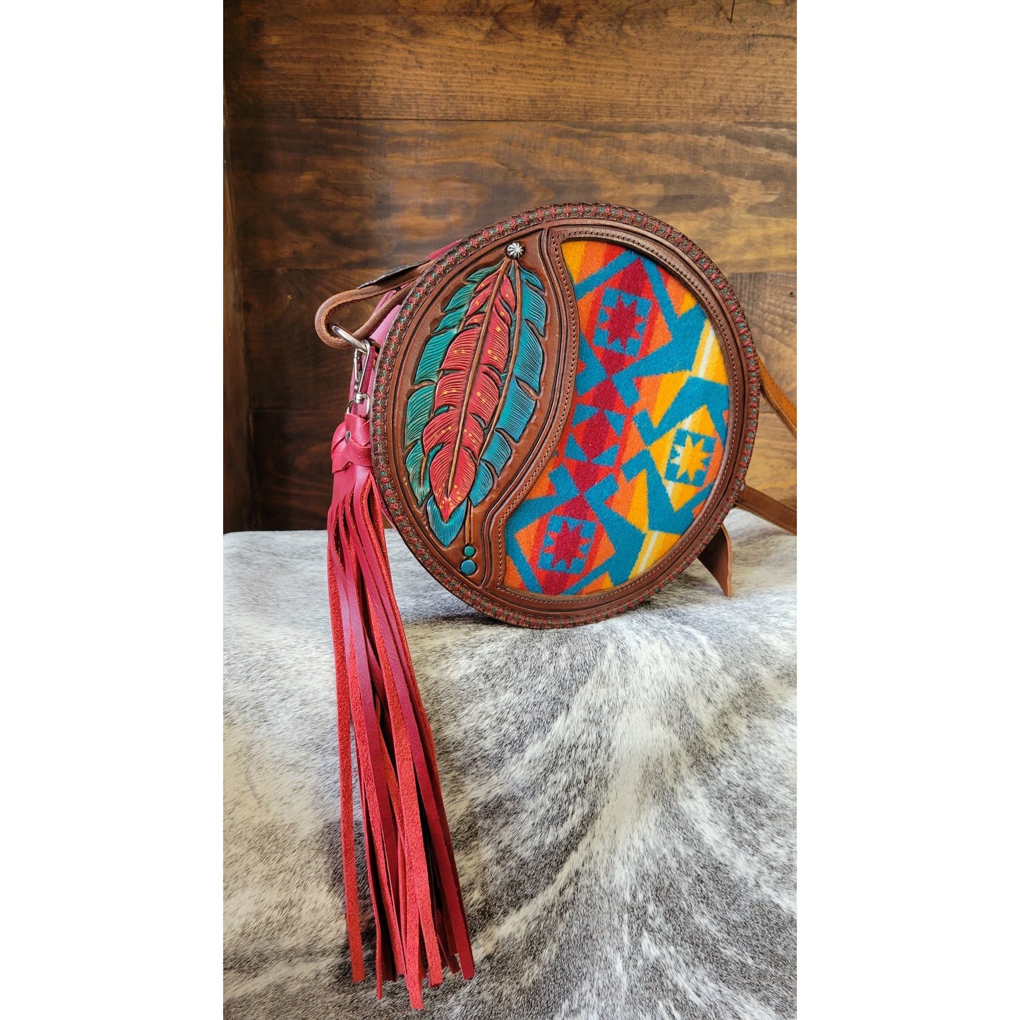 106J  Feather Headdress Round Purse - j.huber leather designs